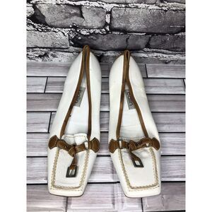 Ballin White Brown Leather Strap Square Loafers Dress Shoes Women Sz 37.5EU/7US